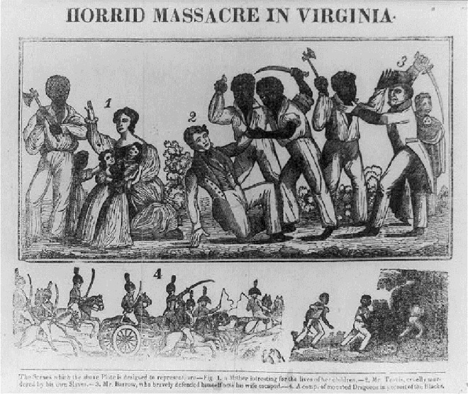 Woodcut illustrating the Nat Turner Massacre of 56 Whites in Virginia (1831)